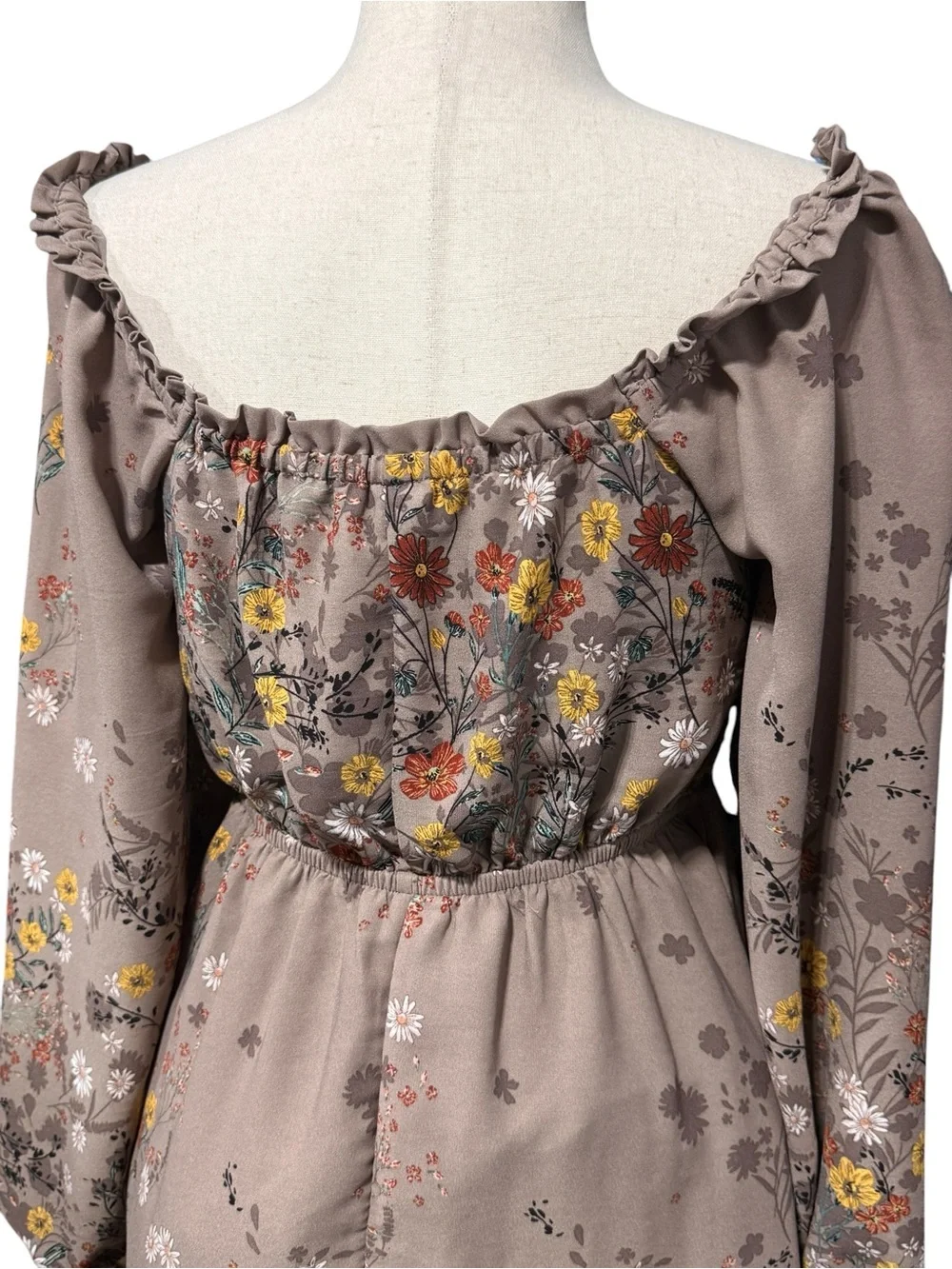 Maurices Babydoll Floral Taupe Dress Size S Milkmaid Puff Sleeve Garden Party